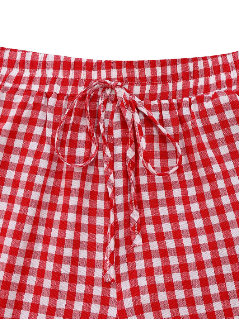 Rot 1980er Gingham Plaid Weites Bein Hose