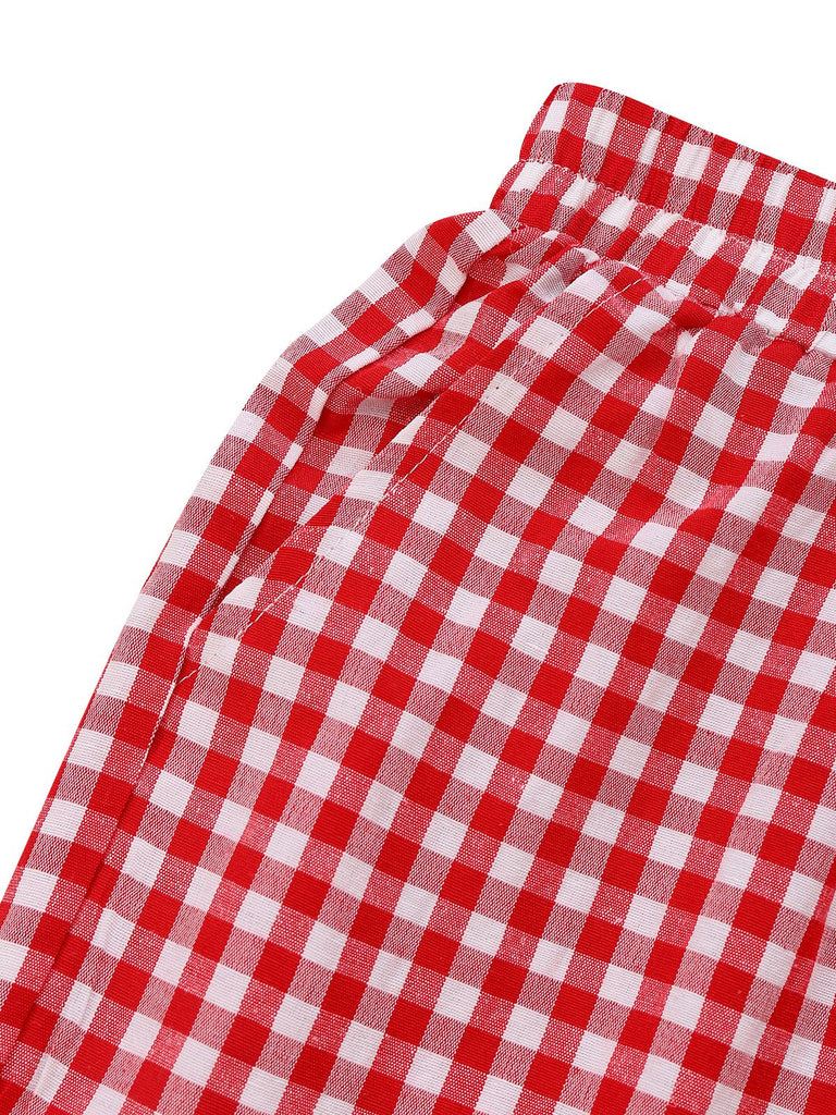 Rot 1980er Gingham Plaid Weites Bein Hose