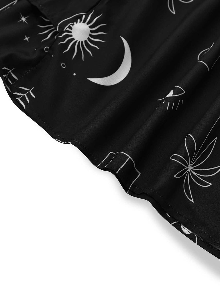 Schwarz 1970er Sonne & Mond Ausgestellte Ärmel Hemd Kleid