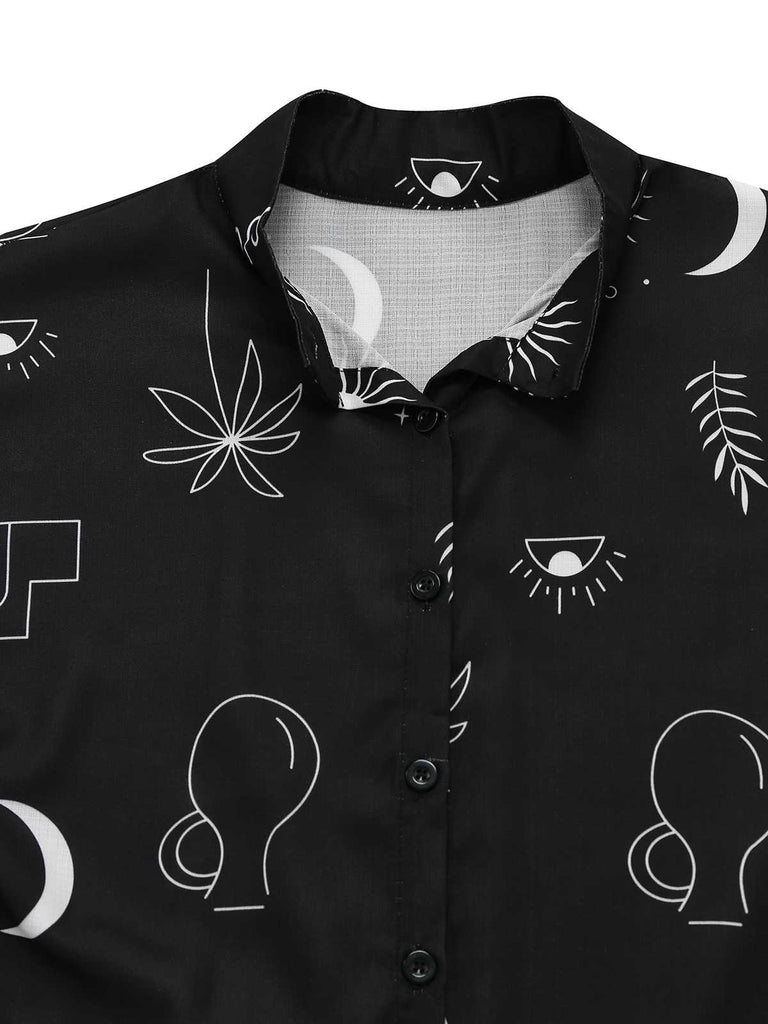 Schwarz 1970er Sonne & Mond Ausgestellte Ärmel Hemd Kleid