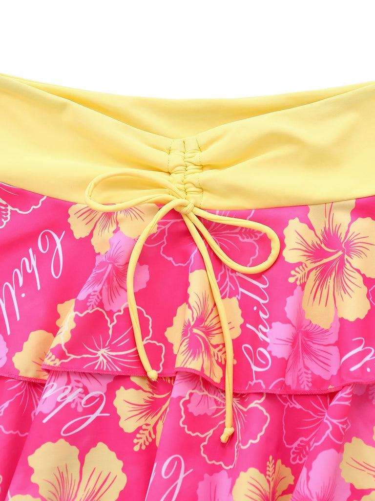 Rosa 1960er Blumen Druck Bindefront Geschichtet Bikini Set