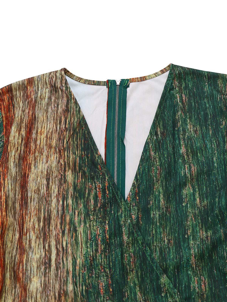 Multicolor 1970er V-Ausschnitt Gürtel Jumpsuit