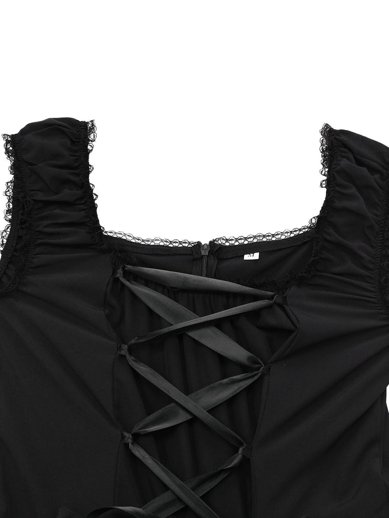 Schwarz 1950er Solide Gothic Schnürung Kleid
