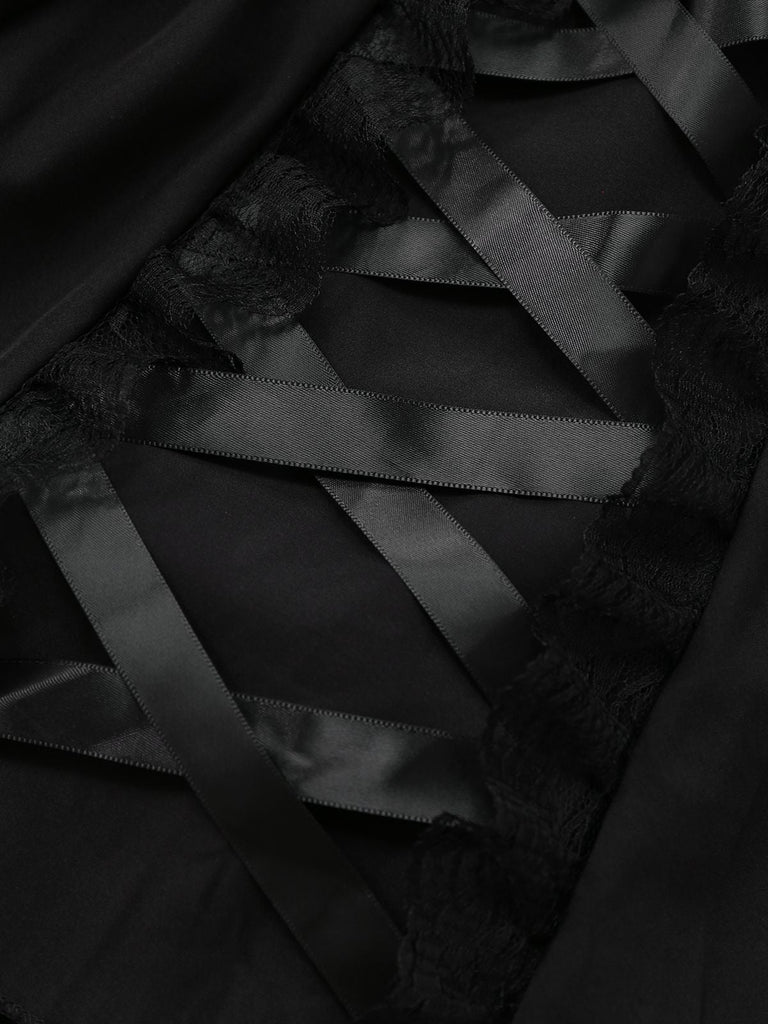 Schwarz 1950er Solide Gothic Schnürung Kleid