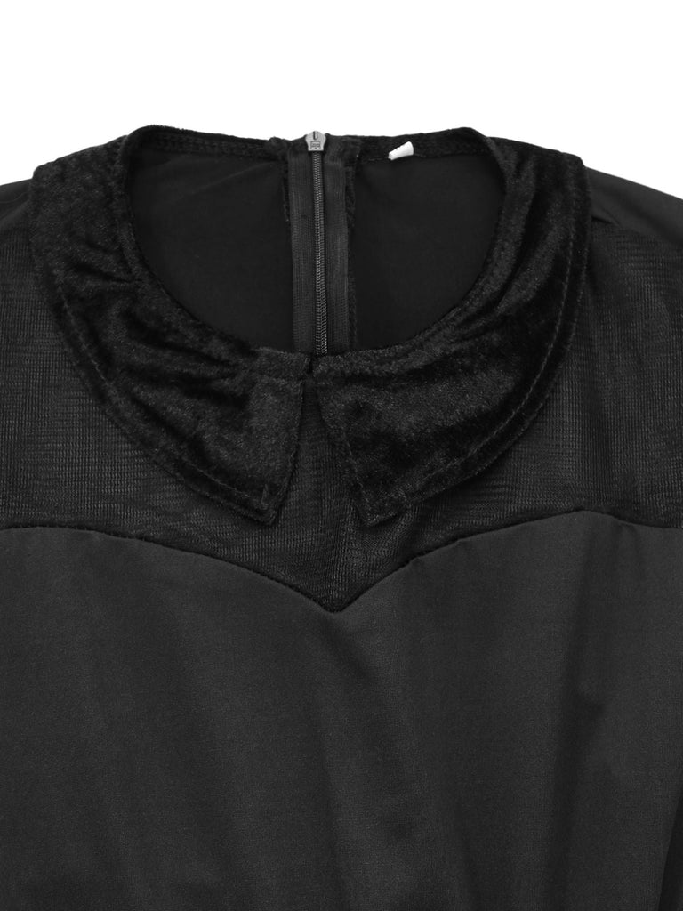 Schwarz 1940er Peter Pan Kragen Sheer Gürtel Tulle Kleid