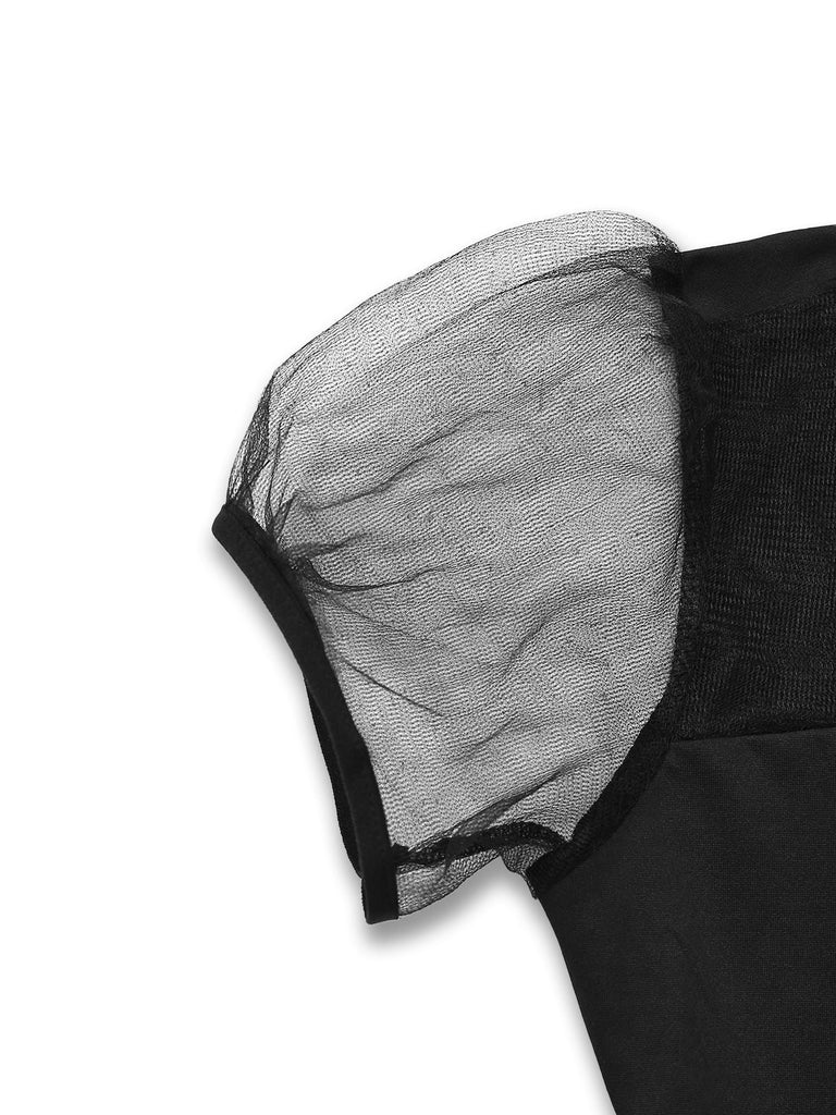 Schwarz 1940er Peter Pan Kragen Sheer Gürtel Tulle Kleid