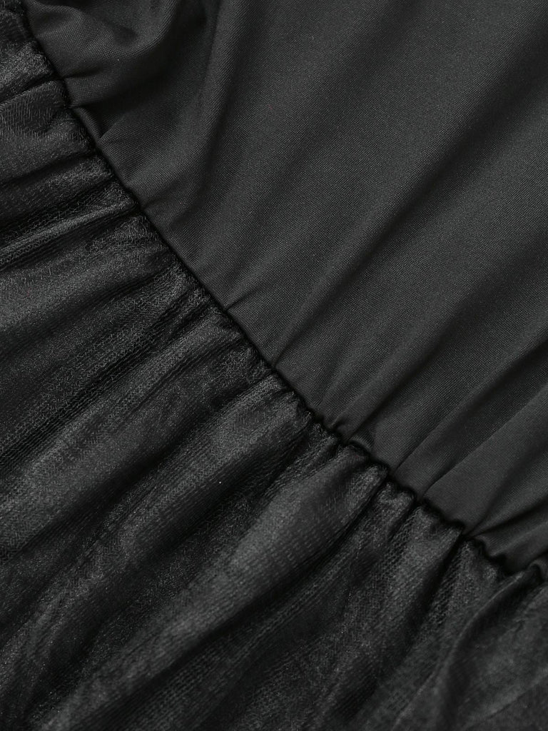 Schwarz 1940er Peter Pan Kragen Sheer Gürtel Tulle Kleid