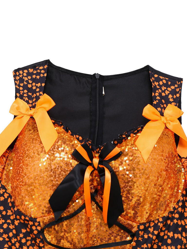 Orange 1960er Halloween Kürbis Spinnennetz Puffärmel Kleid