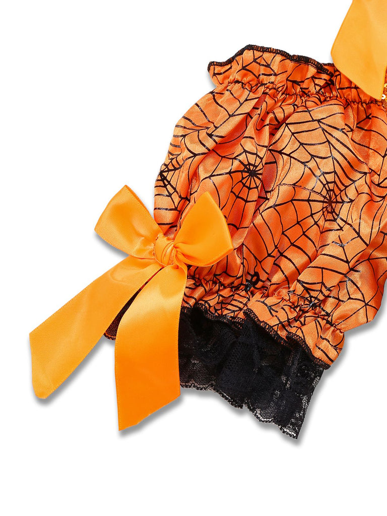 Orange 1960er Halloween Kürbis Spinnennetz Puffärmel Kleid