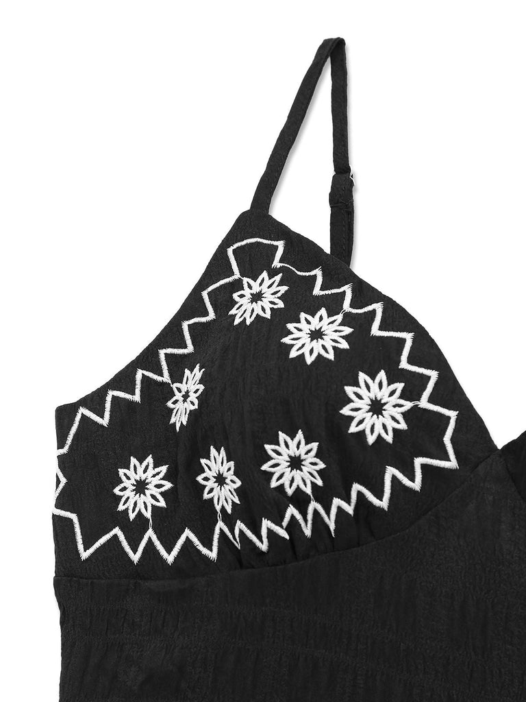 Schwarz 1970er Boho Besticktes Blumen Zurück-Bogen Kleid