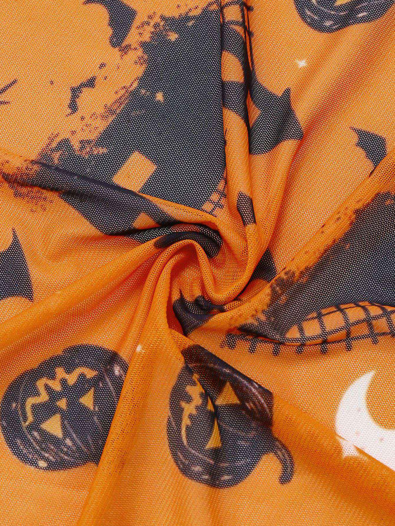 Orange 1970er Halloween Kürbis Druck Spitze Halter Nachthemd