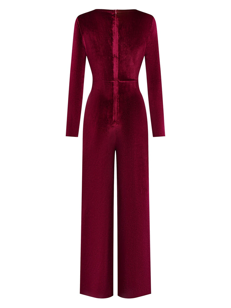 1970er Samt Tief V-Ausschnitt Langarm Jumpsuit