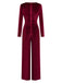 1970er Samt Tief V-Ausschnitt Langarm Jumpsuit