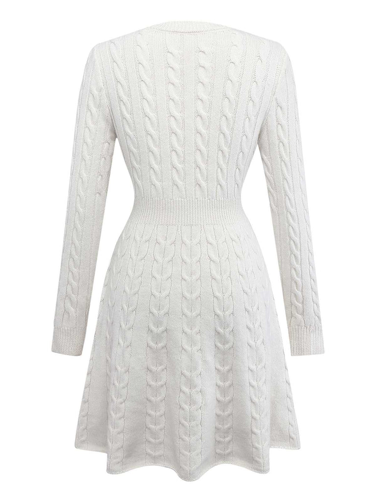 Weiß 1970er Bogen Dekor Stricken Pullover Kleid