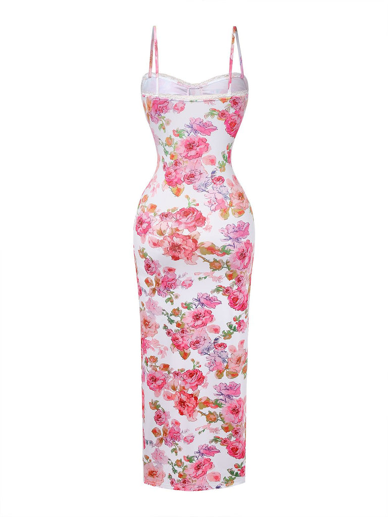 Rosa 1980er Blumen Druck Trägerlos Figurbetont Maxi Kleid
