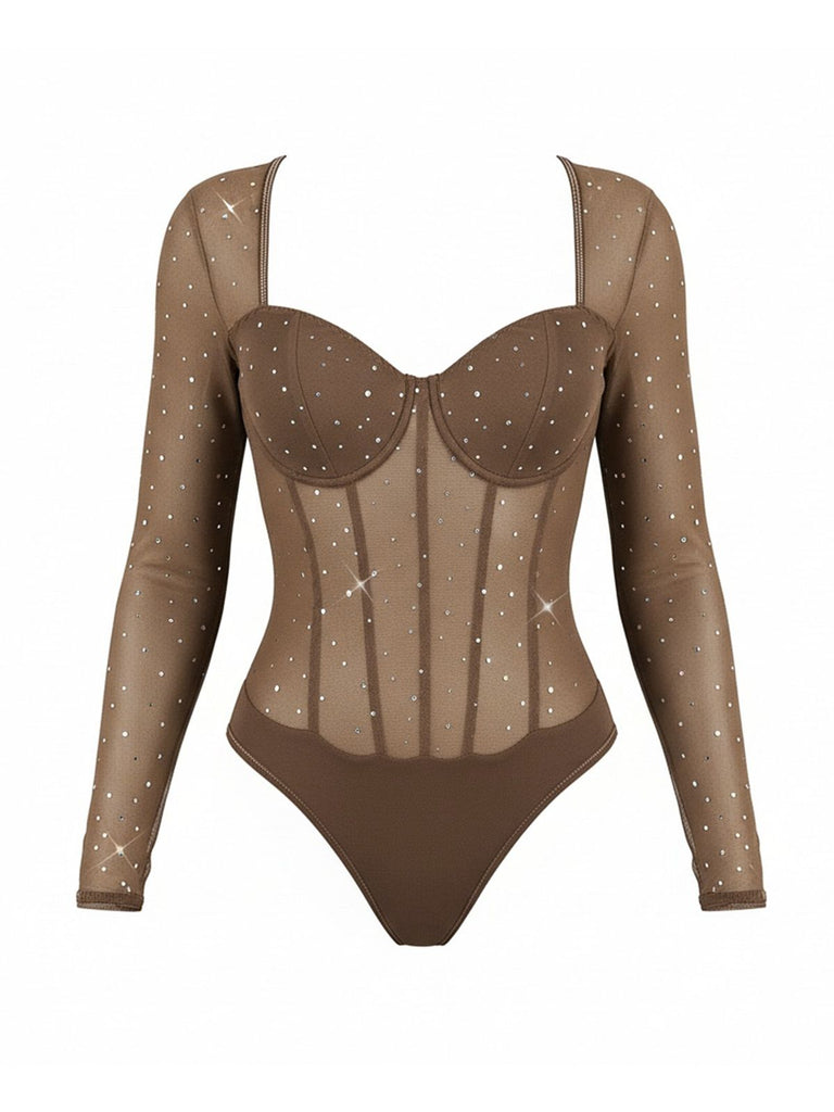 Hellbrauner 80er-Jahre-Mesh-Body mit Glitzer und Stäbchen, langärmelig