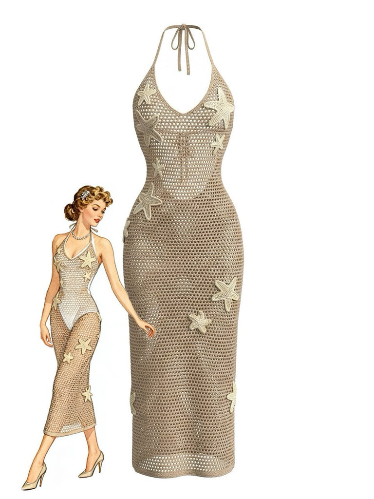 Khakies 50er Strick-Cover-Up Kleid mit V-Ausschnitt und Neckholder