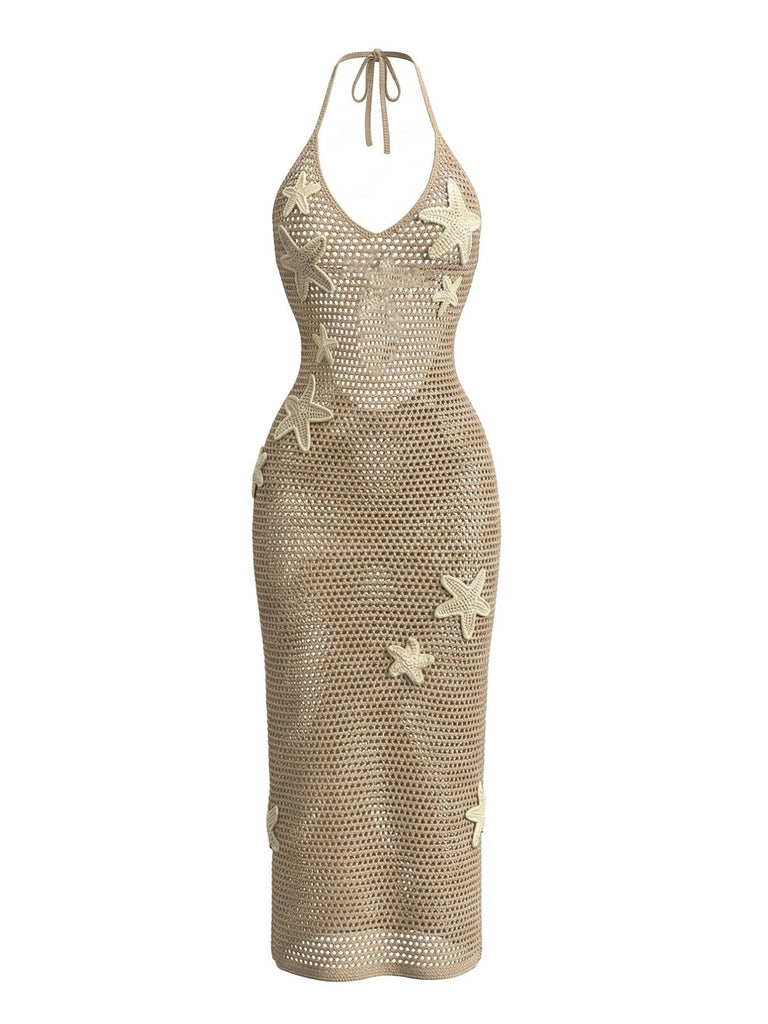 Khakies 50er Strick-Cover-Up Kleid mit V-Ausschnitt und Neckholder