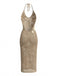 Khakies 50er Strick-Cover-Up Kleid mit V-Ausschnitt und Neckholder