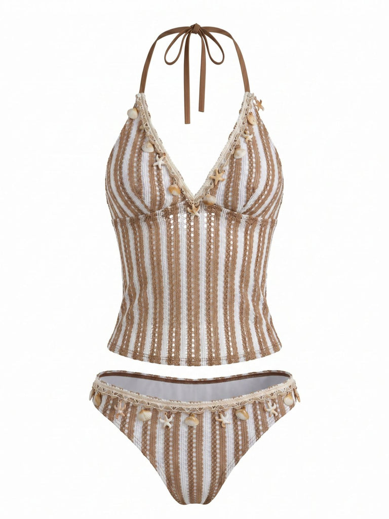 Khakies 50er Tankini-Set mit Streifen und Häkelarbeit