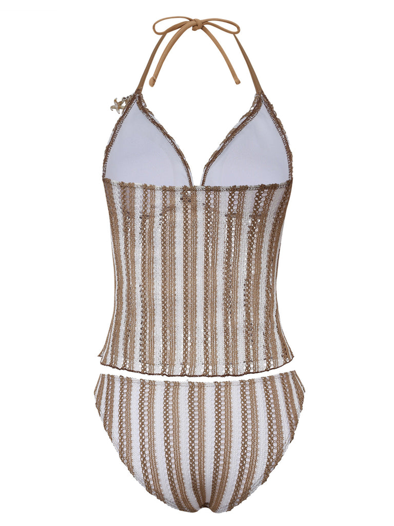 Khakies 50er Tankini-Set mit Streifen und Häkelarbeit