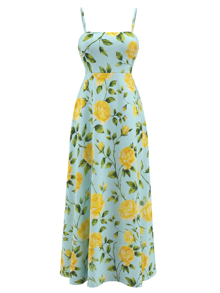 Hellblaues & Gelbes 40er Midikleid mit Spaghettiträger