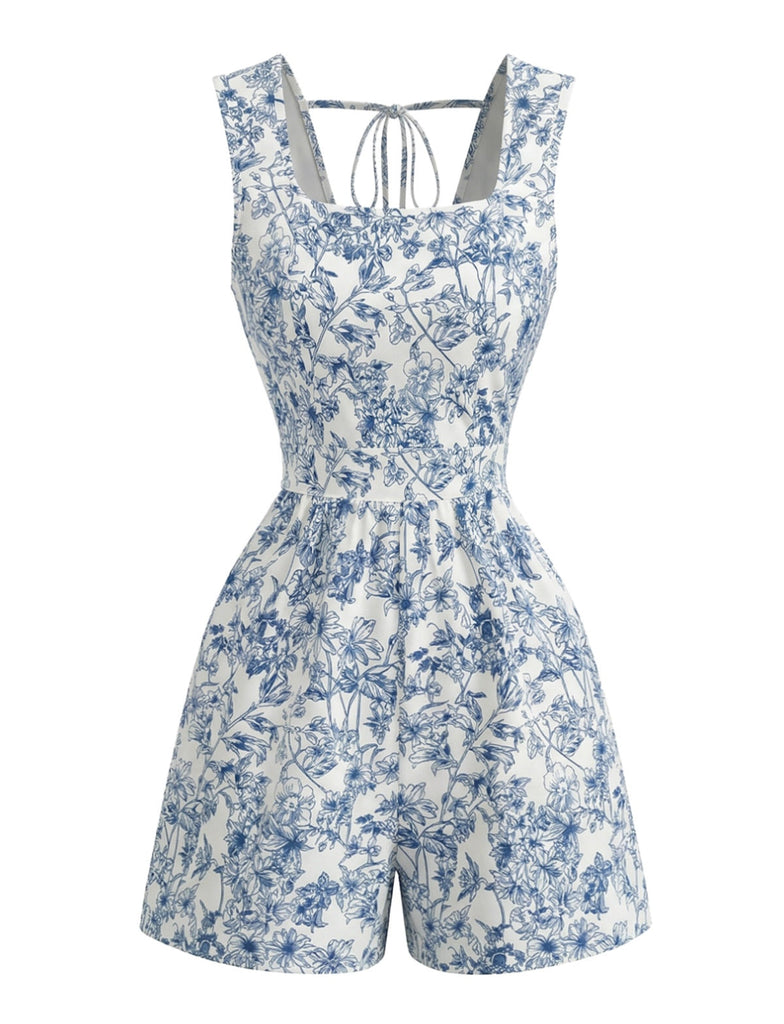 Blauer 50er Ärmelloses Romper mit Eckiger Ausschnitt und Blumen