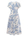 Hellblaues 50er Raffkleid mit Porzellan-Print und V-Ausschnitt