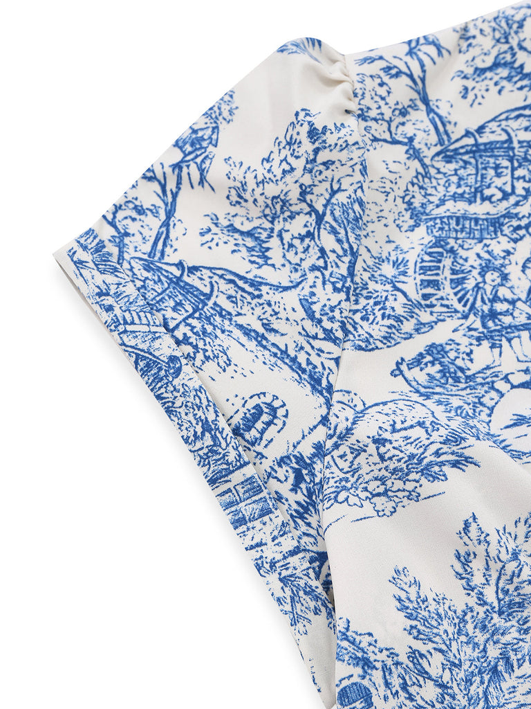 Hellblaues 50er Raffkleid mit Porzellan-Print und V-Ausschnitt
