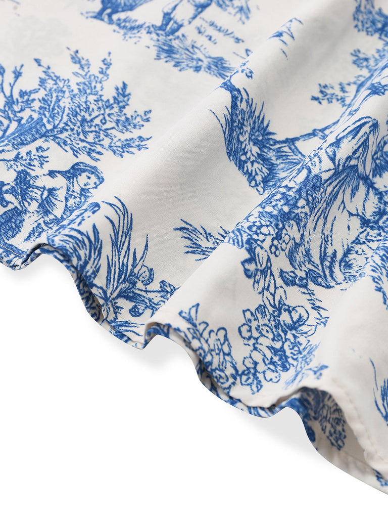 Hellblaues 50er Raffkleid mit Porzellan-Print und V-Ausschnitt