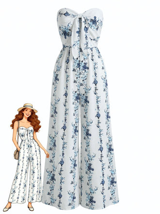Blauer 70er Trägerloser Jumpsuit mit Blumen-Print und Breit