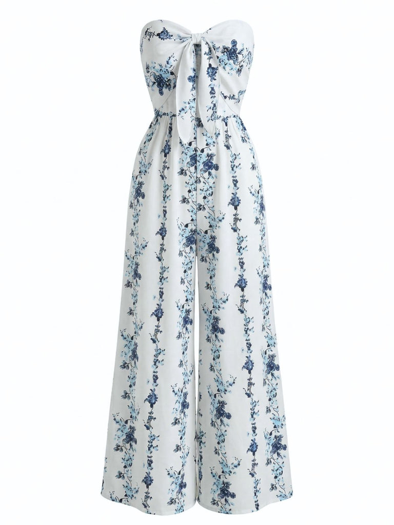Blauer 70er Trägerloser Jumpsuit mit Blumen-Print und Breit