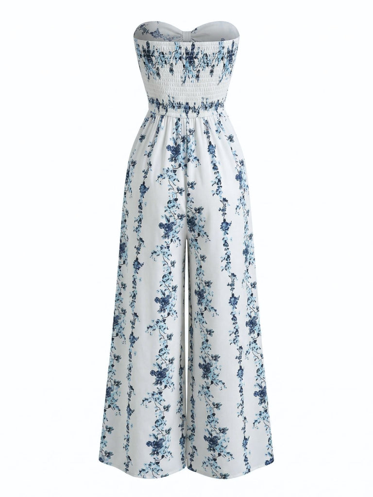 Blauer 70er Trägerloser Jumpsuit mit Blumen-Print und Breit