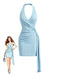 Blaues 60er Bodycon-Kleid mit rückenfrei und Strass