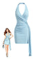 Blaues 60er Bodycon-Kleid mit rückenfrei und Strass