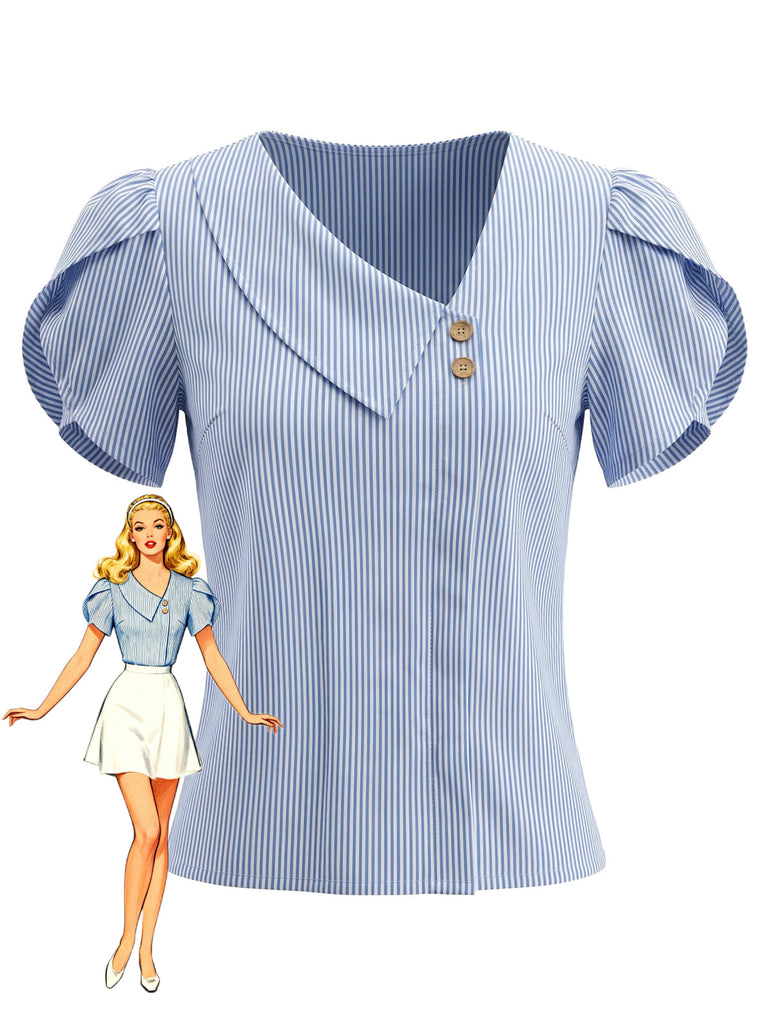 Hellblaue 60er Bluse mit V-Ausschnitt und Streifen