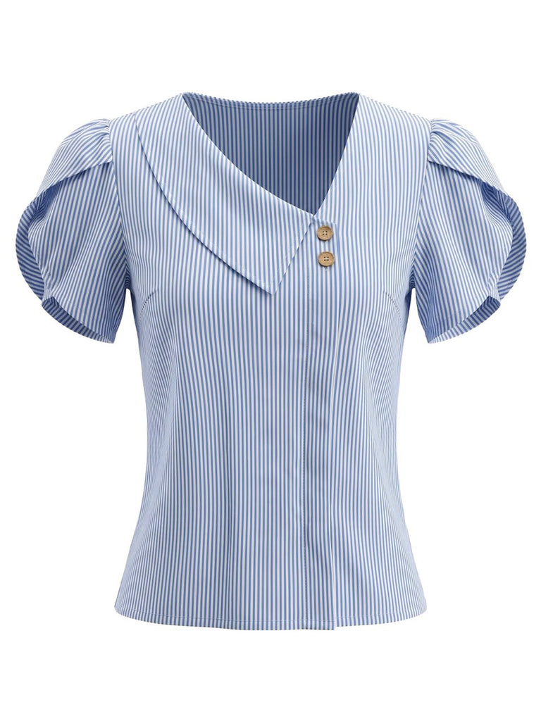 Hellblaue 60er Bluse mit V-Ausschnitt und Streifen