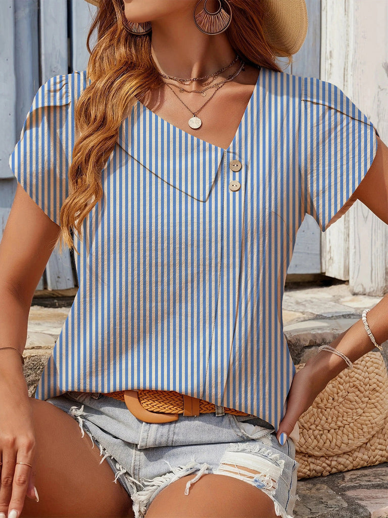 Hellblaue 60er Bluse mit V-Ausschnitt und Streifen