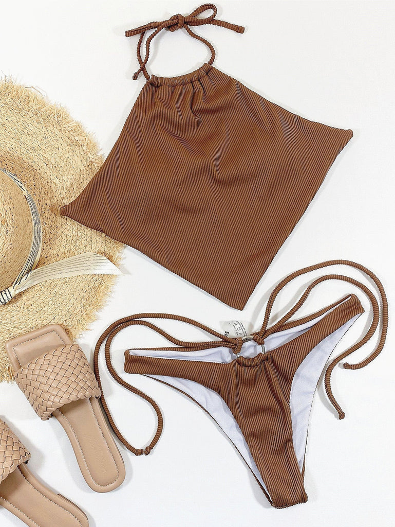 Braunes 60er Bikini-Set mit Neckholder und gerippt