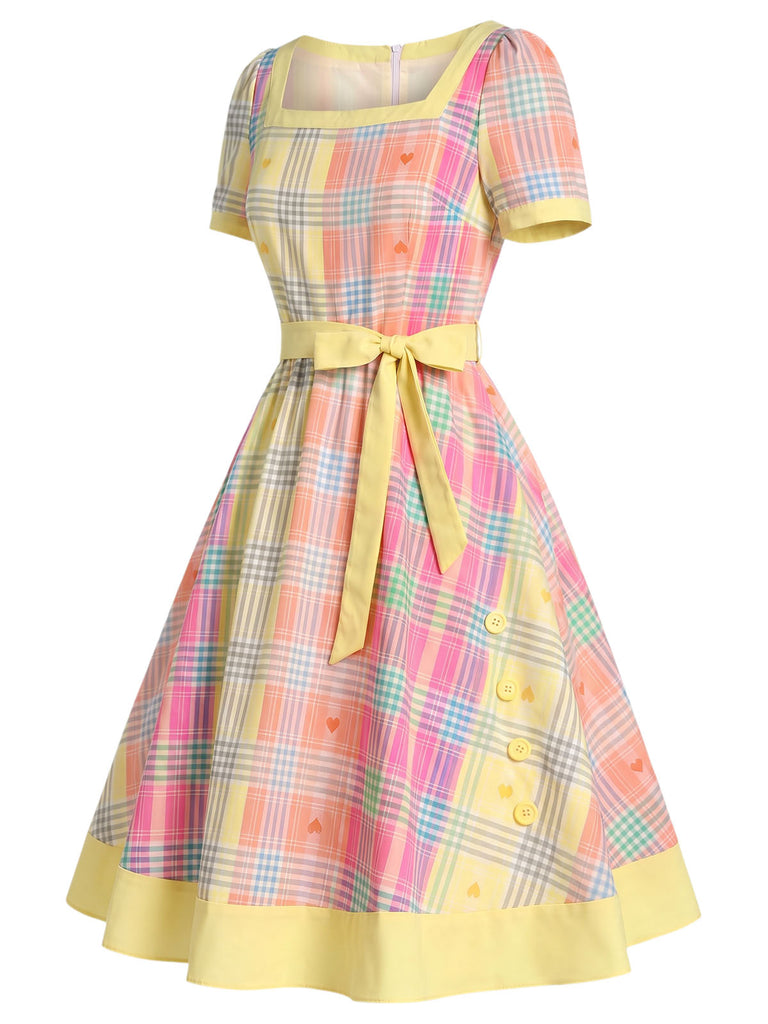 Hellgelbes 50er Kleid mit Eckiger Ausschnitt und Herz