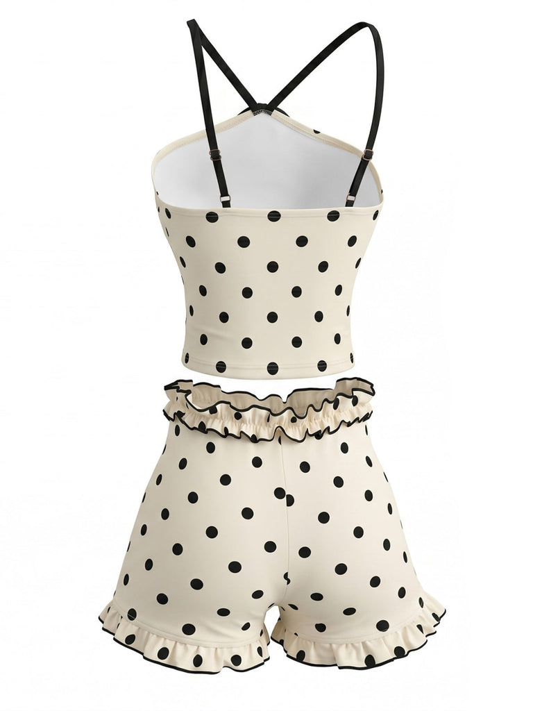 Beige 80er Tankini-Set mit Polka-Dots und Neckholder