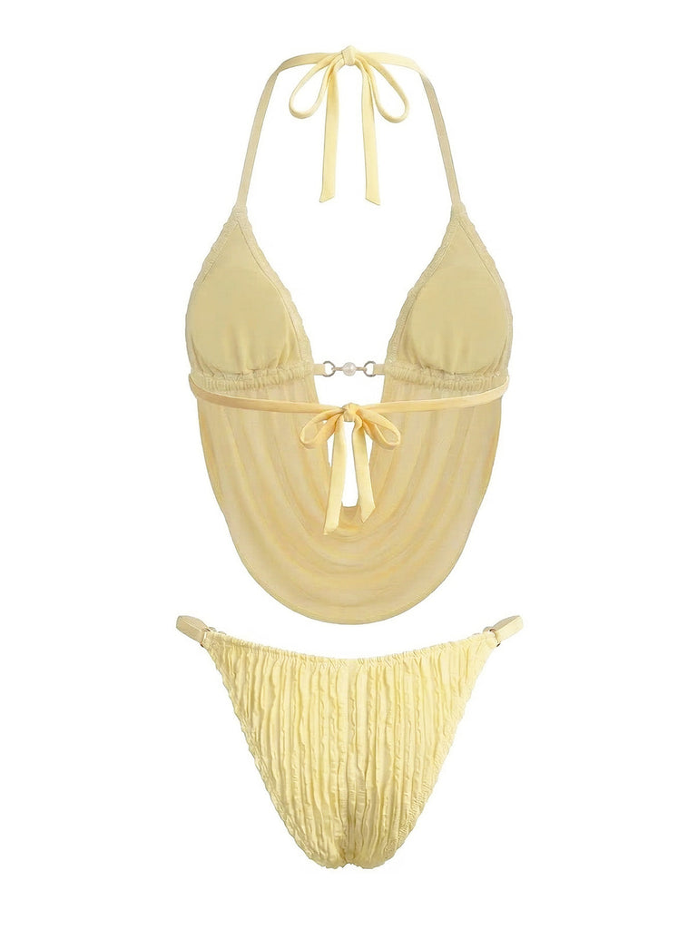 Hellgelber geraffter Bikini im Stil der 1980er Jahre – Vintage-Mode, Retro-Stil