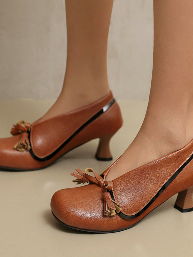 Retro Bogen PU Rundspitze Blockabsatz Schuhe