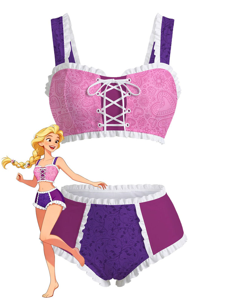 Lila-rosa Dessous-Set mit Comicfigur auf weißem Hintergrund