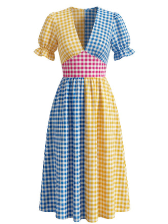 Mehrfarbig 1940er V-Ausschnitt Kariert Patchwork Swing Kleid