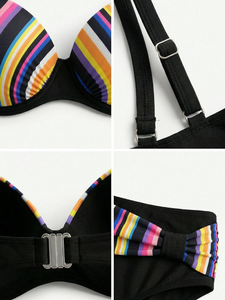 Mehrfarbig 1970er Regenbogen Streifen Bikini-Set