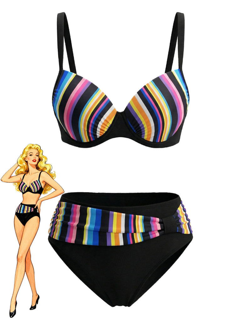 Mehrfarbig 1970er Regenbogen Streifen Bikini-Set