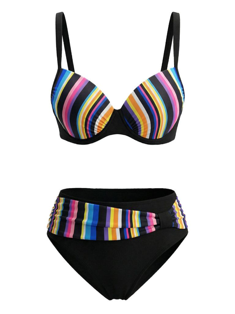 Mehrfarbig 1970er Regenbogen Streifen Bikini-Set
