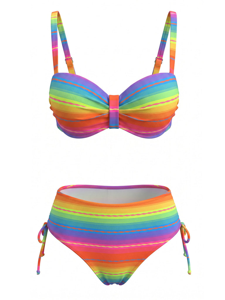 Mehrfarbiges & Regenbogen 80er Bikini-Set mit gerafft