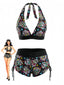Buntes 80er Gothic-Bikini-Set mit Sugar Skull und Neckholder
